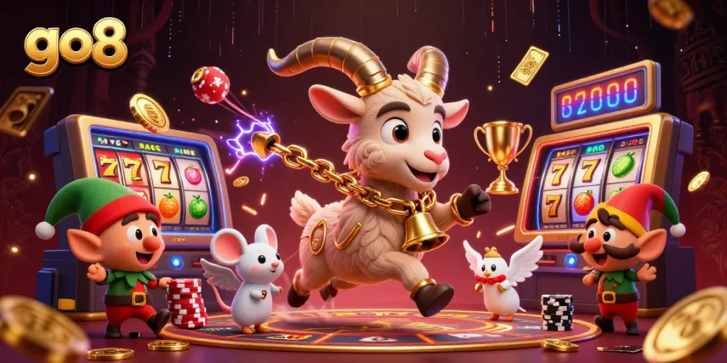 Catch the thrill with go8's vibrant 3D casino scene featuring festive characters in action.