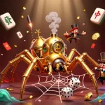 Un jeu captivant au casino en ligne le plus payant, illustré par une araignée steampunk dorée parmi des éléments de jeu.