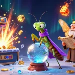 Experience thrilling wins at Go88 with vibrant casino activities featuring a praying mantis fortune teller and exciting slot games.