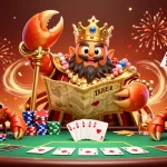 Experience Go88's vibrant gaming atmosphere with a golden crab emperor leading the excitement at a poker table!