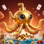 Engage with the Sunwin Official gaming experience, featuring a vibrant scene of a golden kraken submarine among slot reels and treasure.