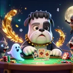 Experience thrilling gameplay at tg888 with a 3D illustration of a Frankenstein bulldog dealing cards.