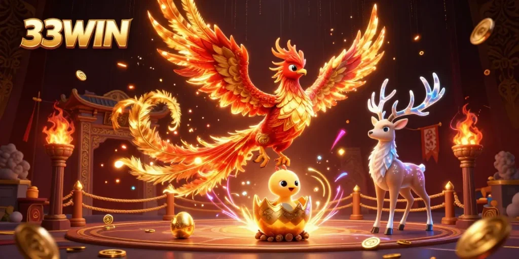 Experience thrilling gameplay with 33WIN, featuring vibrant phoenixes and a dynamic casino atmosphere.