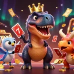 Win big at bl555 com with a fun T-Rex card game scene filled with slots and lively characters.