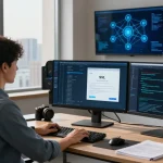 Cybersecurity analyst using SSL by hostneverdie for secure certificate management in a modern workspace.