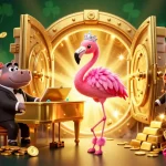 hubet engages players with a glamorous casino scene featuring a flamingo singer and treasure vault.