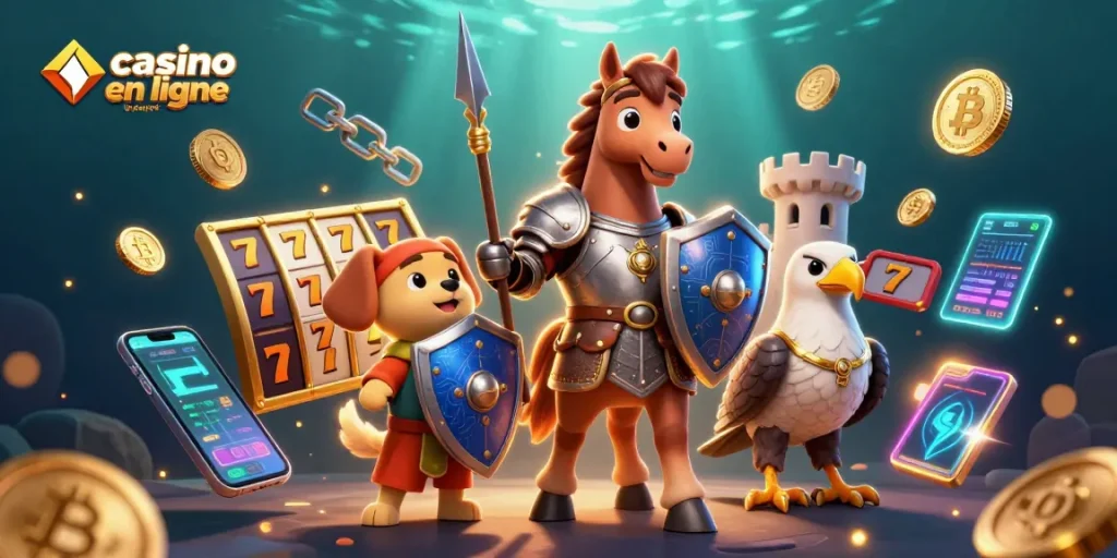 Visuel captivant d'un casino en ligne le plus payant, illustrant un chevalier, un chiot et un faucon dans une ambiance riche et dynamique.