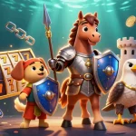 Visuel captivant d'un casino en ligne le plus payant, illustrant un chevalier, un chiot et un faucon dans une ambiance riche et dynamique.