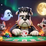 Engage with situs gacor at a lively poker table, featuring unique characters in a vibrant casino scene.
