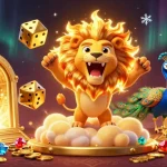 Experience the thrill of online casinos in a dazzling 3D scene with a roaring sun lion, golden dice, and glimmering treasures.
