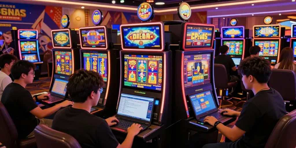 Engaged players enjoying slot online terpercaya in a vibrant virtual casino setting.