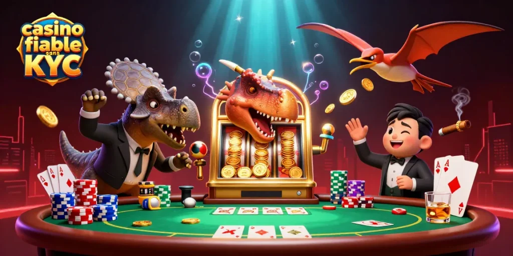 Le casino fiable sans KYC assiste à un jackpot alors qu'une créature préhistorique interagit avec une machine à sous.