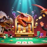 Le casino fiable sans KYC assiste à un jackpot alors qu'une créature préhistorique interagit avec une machine à sous.