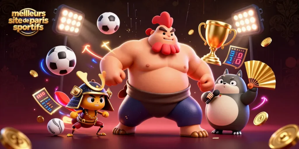 Jouez sur les meilleurs sites de paris sportifs avec cette illustration dynamique et engageante mettant en scène un rooster sumo, un cricket et un tanuki.