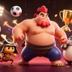 Jouez sur les meilleurs sites de paris sportifs avec cette illustration dynamique et engageante mettant en scène un rooster sumo, un cricket et un tanuki.