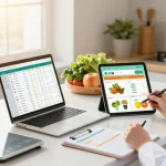 Nutritionist analyzing food for the best food tracking app in a bright kitchen.