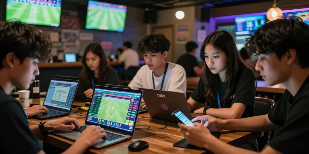 Gacor 25 sports betting experience with friends enjoying World Cup excitement.