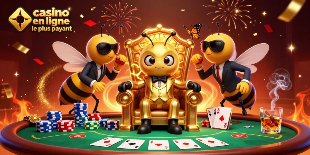 Illustration colorée d'un casino en ligne le plus payant avec des personnages captivants et des éléments de jeu.