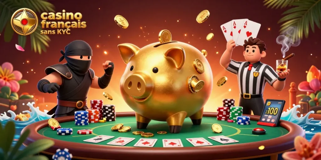 Jouer au casino français sans KYC avec une scène dynamique de personnages de casino animés et des éléments de jeu.