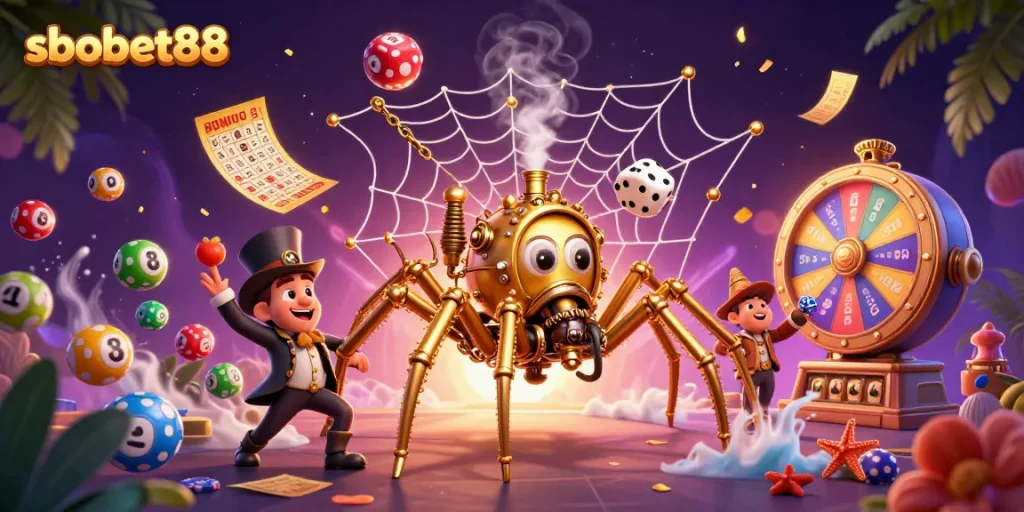 Experience sbobet88 excitement with a vibrant 3D depiction of a steampunk spider catching dice.