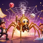 Experience sbobet88 excitement with a vibrant 3D depiction of a steampunk spider catching dice.