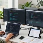 NAGA2000 software development in a collaborative workspace with coding tools and vibrant atmosphere.
