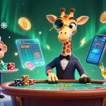 Au casino en ligne, une girafe en costume joue aux cartes tandis qu'un singe sert des jetons.
