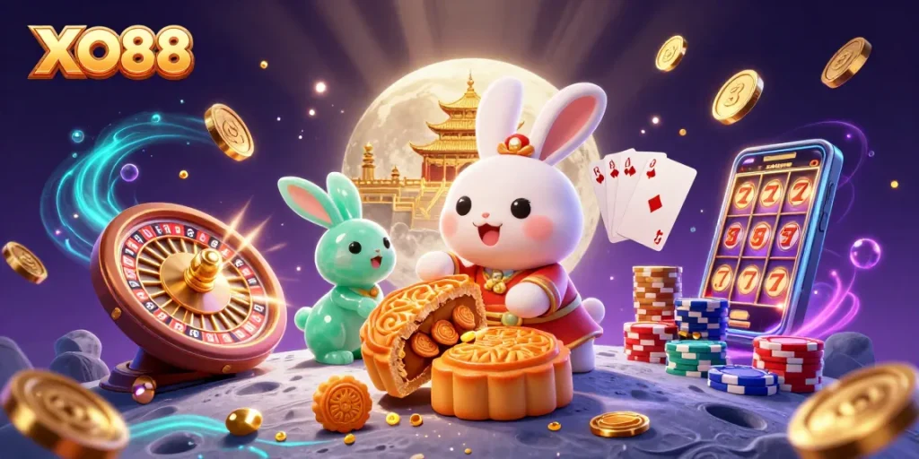 Experience excitement with XO88 where a moon rabbit reveals poker chips, embodying fun and fortune.