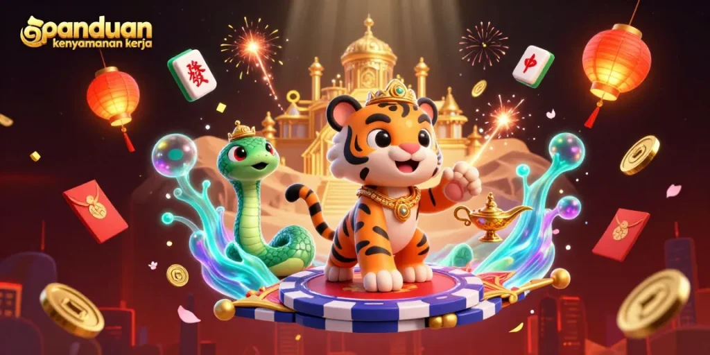 Experience panduan kenyamanan kerja with a vibrant casino-themed illustration showcasing dynamic characters and elements.