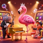 Illustration dynamique du meilleur casino en ligne France avec une chanteuse flamant, des machines à sous et des éléments colorés.