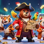 Illustration dynamique d'un casino en ligne retrait immédiat 2026 avec un ours pirate, un tigre et des éléments de jeu.
