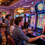 situs slot gacor: Friends enjoying a thrilling slot machine game in a lively casino atmosphere.