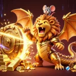 F168 showcases a victorious chimera in golden armor amidst treasure and casino riches.