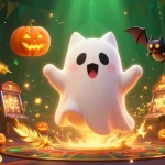 Découvrez un nouveau casino en ligne avec un chat fantôme et une chauve-souris à capes, entourés de machines à sous et de jetons d'or.
