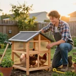 Urban farmer assembling a small backyard chicken coop, surrounded by chickens and vibrant garden.