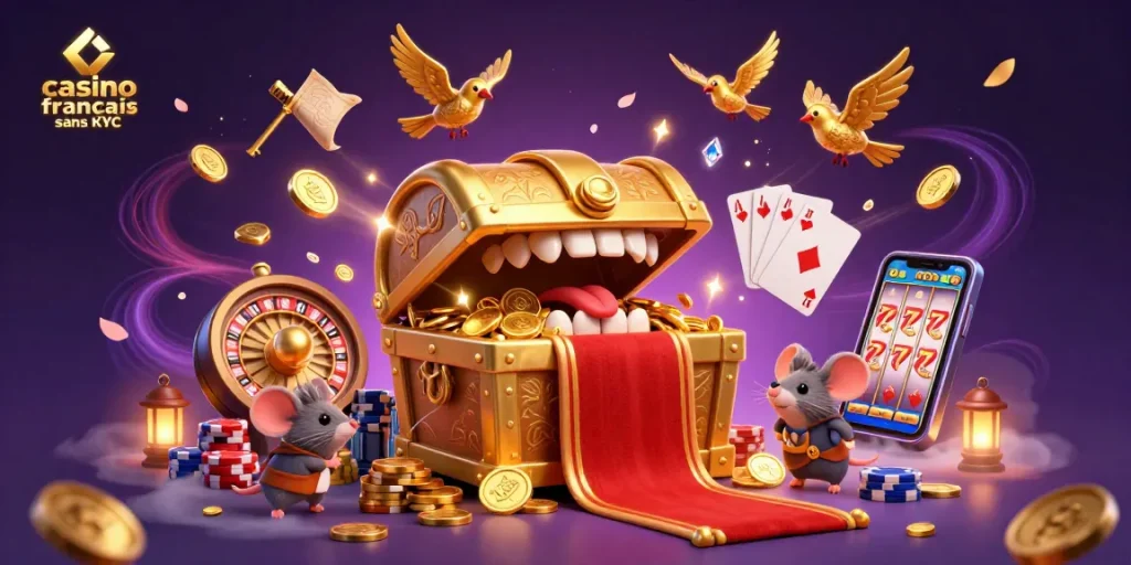 Gagnez des riches au casino français sans KYC avec une illustration dynamique de jeu, des trésors et de l'excitation.