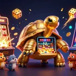 Casino en ligne avec retrait immédiat : illustration d'une tortue dorée géante avec une machine à sous et des animaux enjoués.