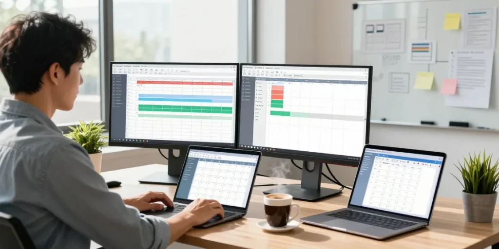 IT manager using rtischeduler software in a bright office, reviewing project timelines and team schedules.