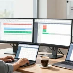 IT manager using rtischeduler software in a bright office, reviewing project timelines and team schedules.