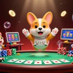 Gagnez au casino français crypto en découvrant un astronaute corgi dans l'espace entouré de jetons et de pièces d'or.