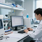 Research peptide US scene featuring a scientist analyzing peptide data in a modern lab.