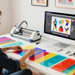 Vibrant designer creating an acrylic standee with colourful sheets and tools in a bright studio.