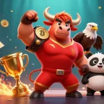 Admirez la victoire au casino en crypto avec un taureau, un aigle et un panda tenant un trophée.